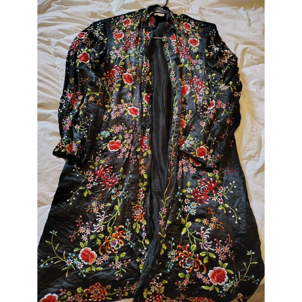 Vintage Plum Blossoms Chinese Black Silk Embroidered Floral Bird Coat 34